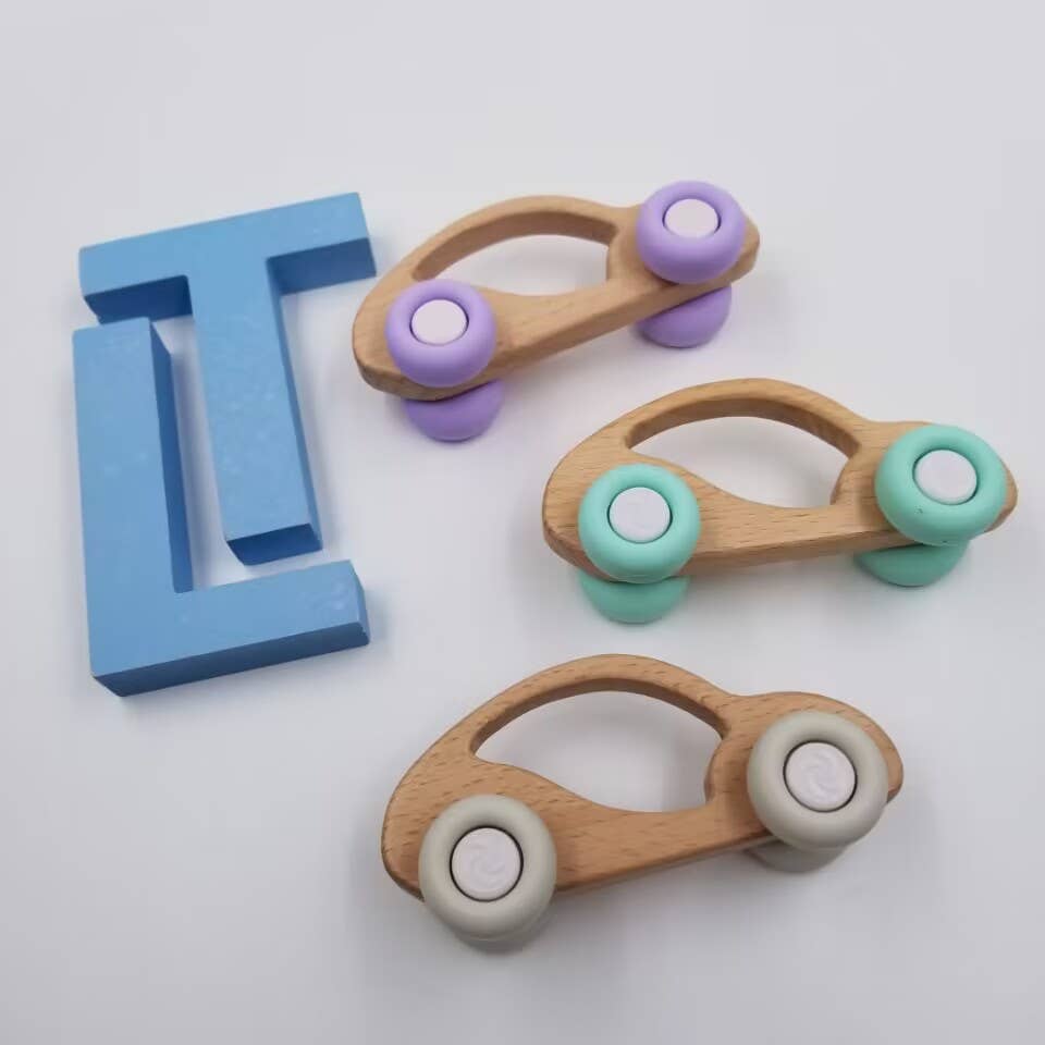 Silicone & Beech Wood Car Teether Toy